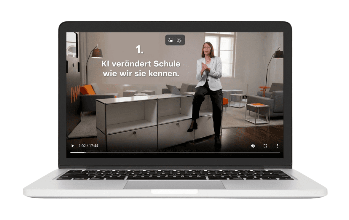 Laptop showing a video about artificial intelligence in education with the on-screen text: “AI is changing school as we know it.”