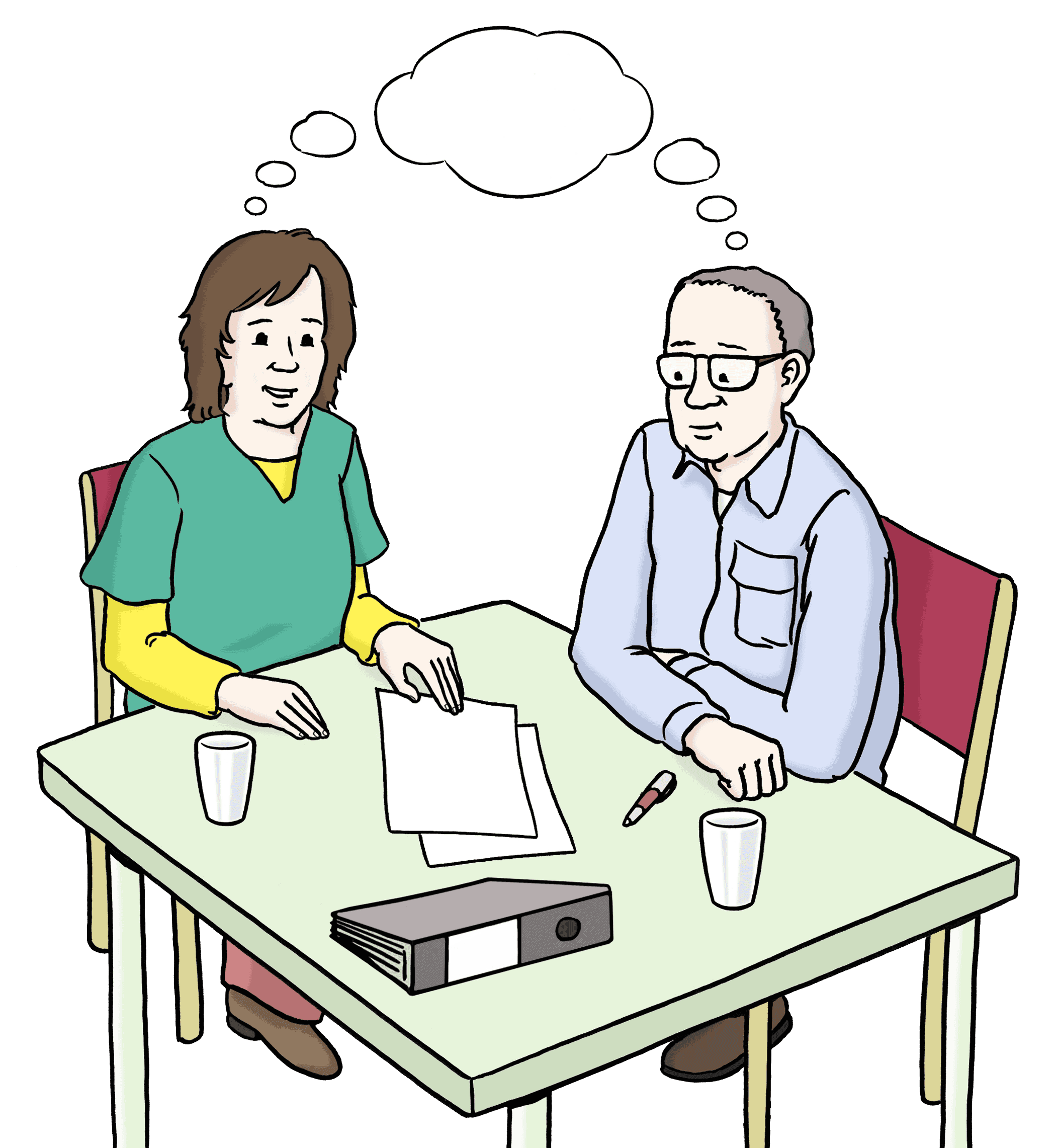 Two people sitting together at a table and thinking