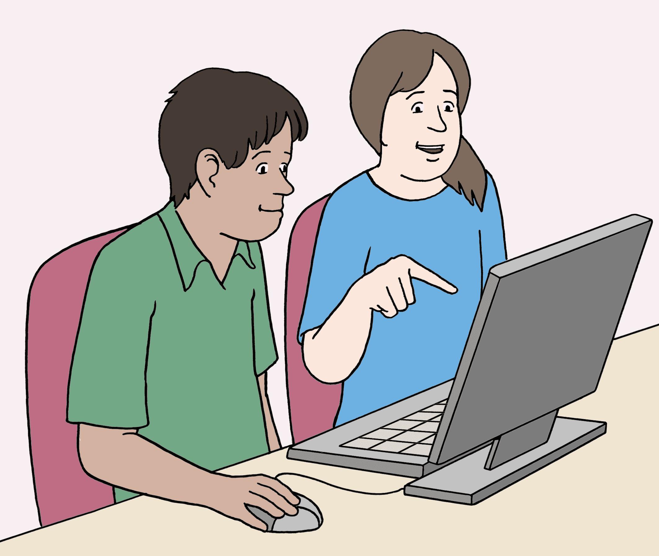 Two people using one computer