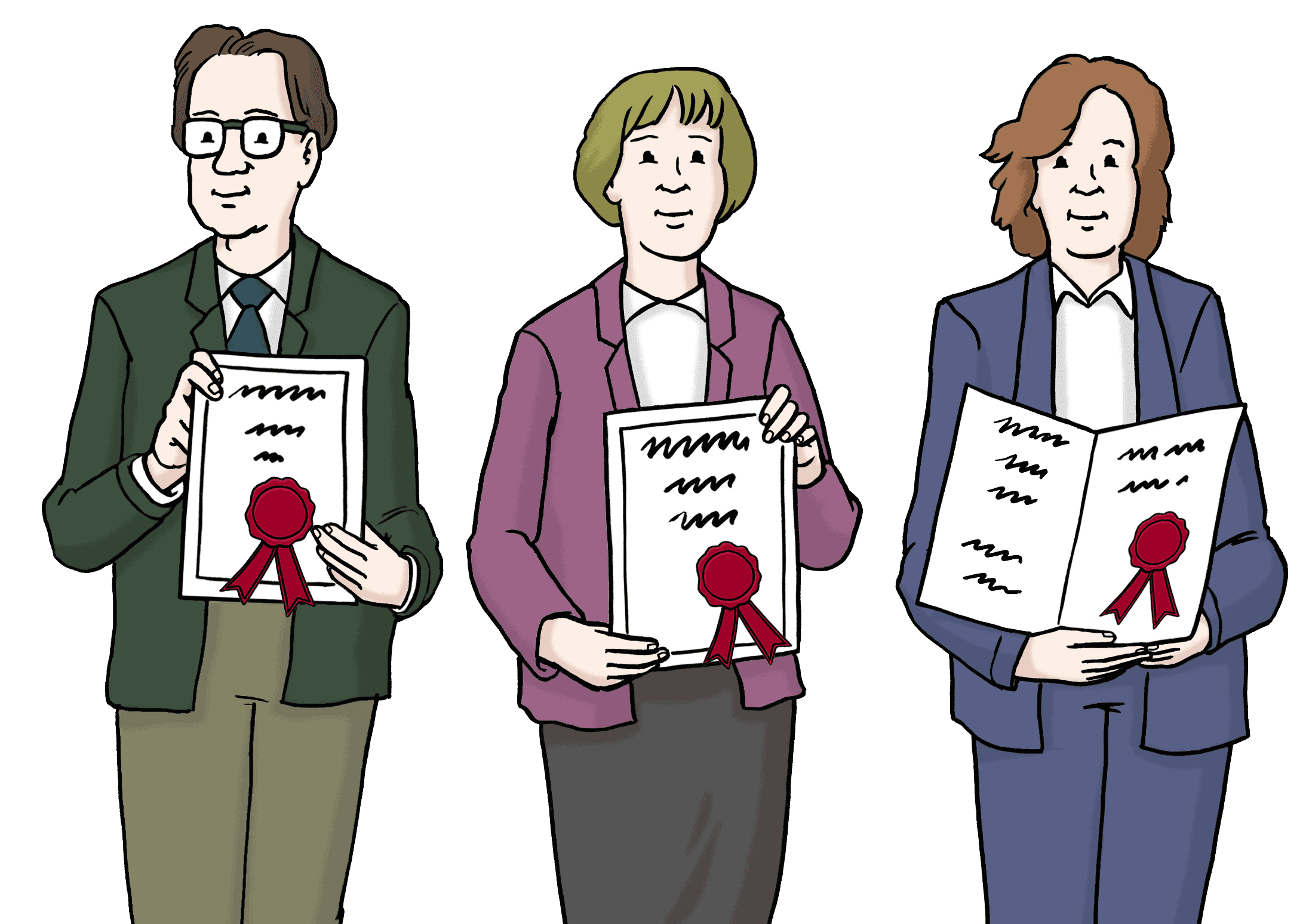 Three people each holding a certificate