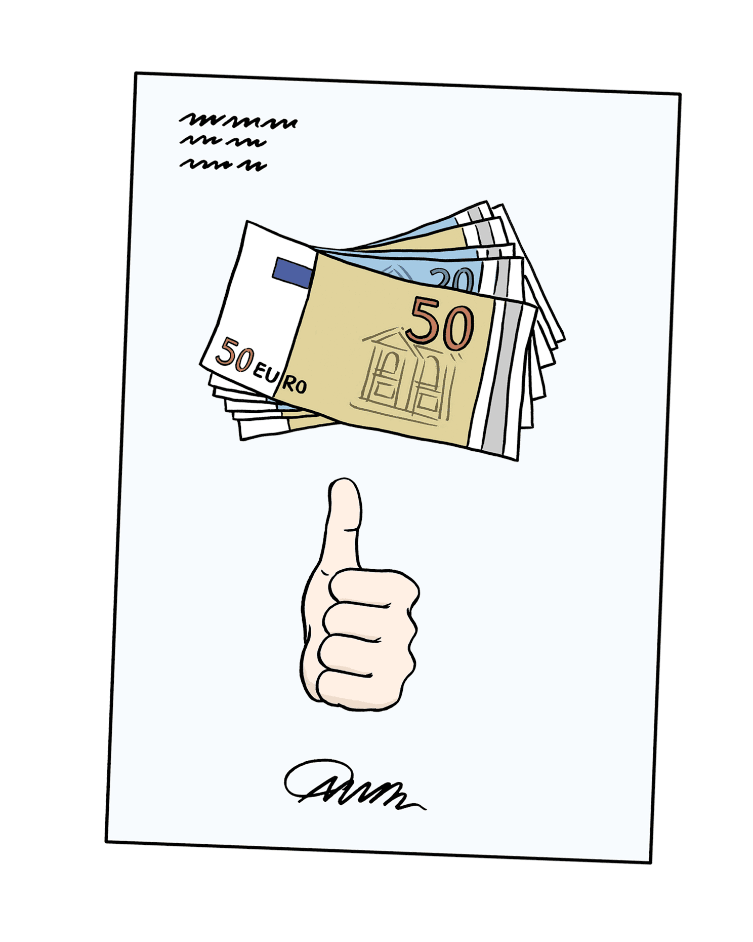 An illustration with banknotes and a thumbs up